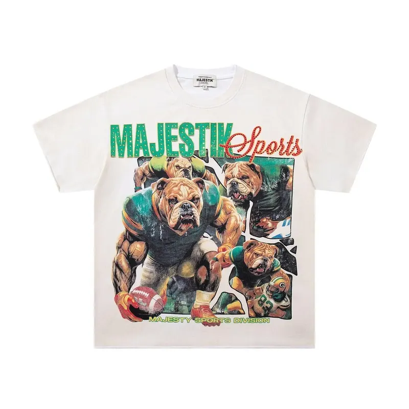 MAJESTIK Retro Dog Print Short-Sleeved T-Shirt - Loose Fit, Weathered with Glitter, Casual Shirt for Men and Women - Summer
