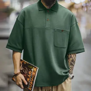 Maden New Vintage Green Lapel Short Sleeve Polo Shirt Men's Summer Loose Fit Casual Pocket Tee Business Casual Versatile T-Shirt