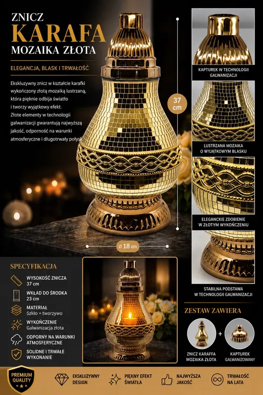 Znicz Karafka – Mozaika Złota Premium 37 cm Galwanizowana