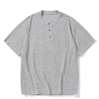 Old Money Style Japanese Retro Henley Collar Knitted Short Sleeved T-shirt for Men and Women Loose Half Sleeved T-shirt Tee
