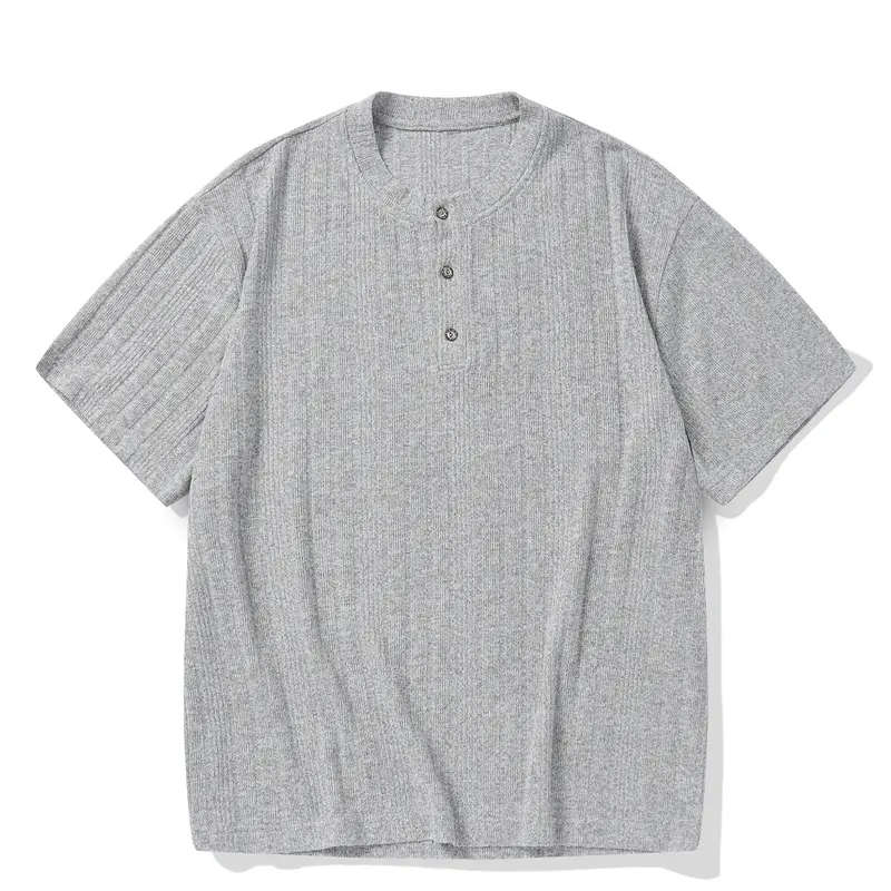 Old Money Style Japanese Retro Henley Collar Knitted Short Sleeved T-shirt for Men and Women Loose Half Sleeved T-shirt Tee