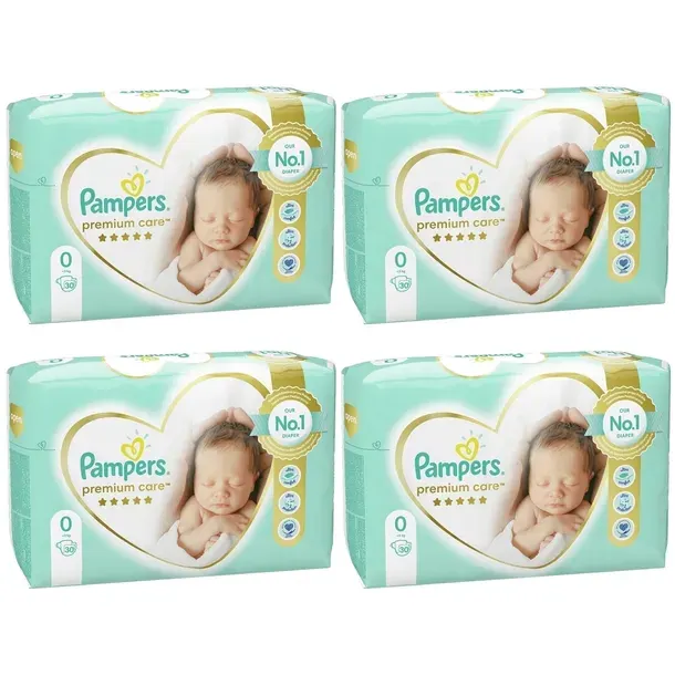 4x Pieluchy PAMPERS Premium Care roz 0 (do 3 kg) 30 szt