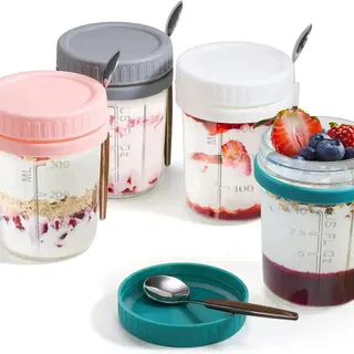 Szklany kubek na overnight oats 400 ml z pokrywką i łyżeczką 9x12 cm