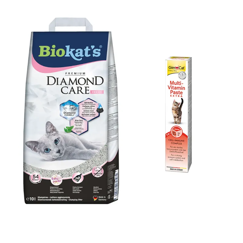 10 l Biokat's Diamond Care Fresh + GimCat pasta multiwitaminowa Extra dla kota, 50 g gratis! - żwirek dla kota o zapachu pudru, 10 l + pasta multiwitaminowa, 50 g