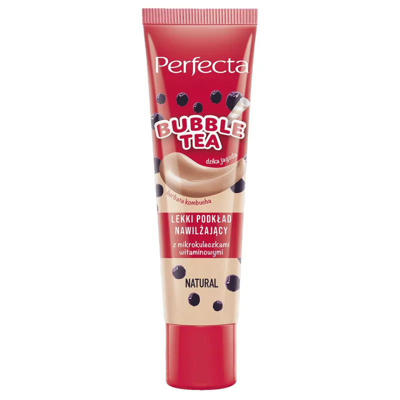 Perfecta Bubble Tea Natural lekki podkład nawilżający do twarzy ze średnim kryciem, kombuchą, dziką jagodą, witaminą C i pantenolem 30 ml