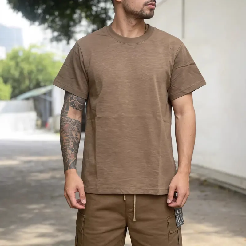 American Retro Amikaji 255g Heavy Duty Thick Old Bamboo Cotton Short Sleeve Solid Color T-shirt Basic Solid Color TEE