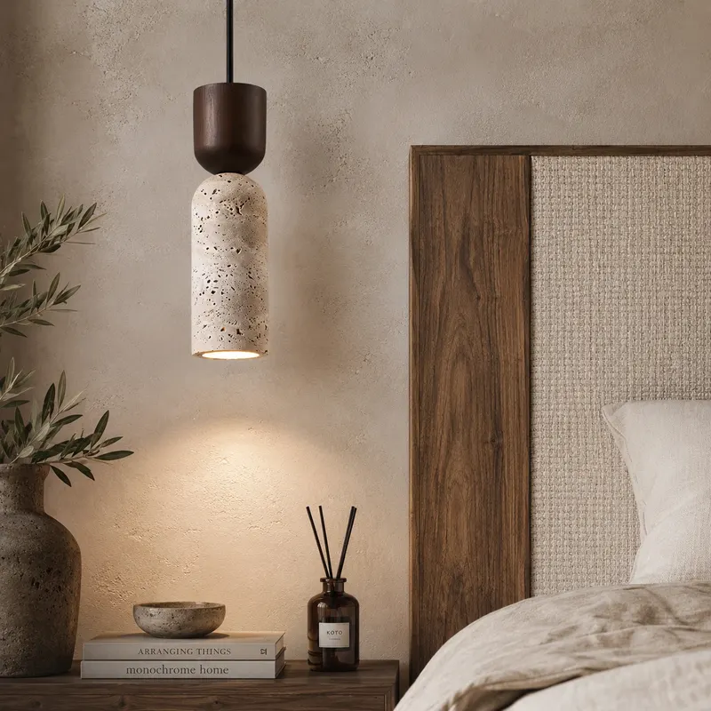 KAVORI – minimalistyczna lampa wisząca z trawertynu i drewna w stylu Japandi