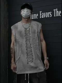 2026 American Tie Dye Distressed Gray Cotton Sleeveless Tank Top Patch Raw Edge Print Design High Street Casual Vest For Women