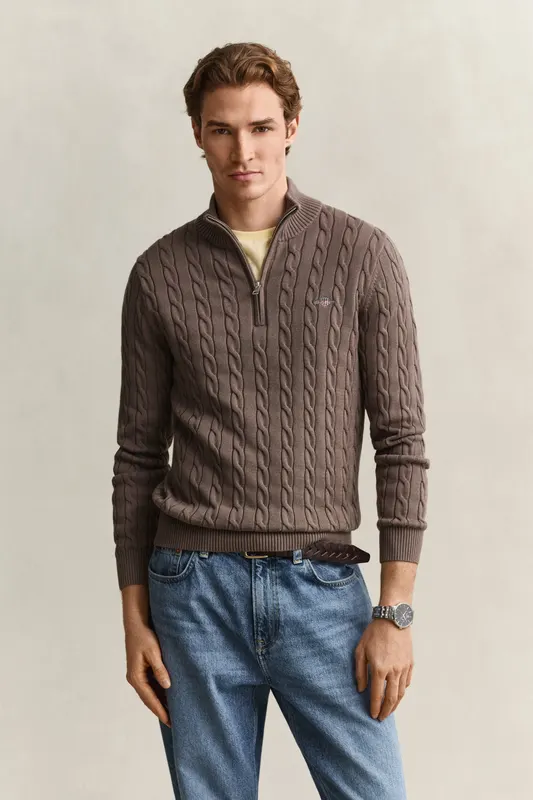 Gant Bawełniany Sweter Męski W Warkocze Half Zip Beżowy