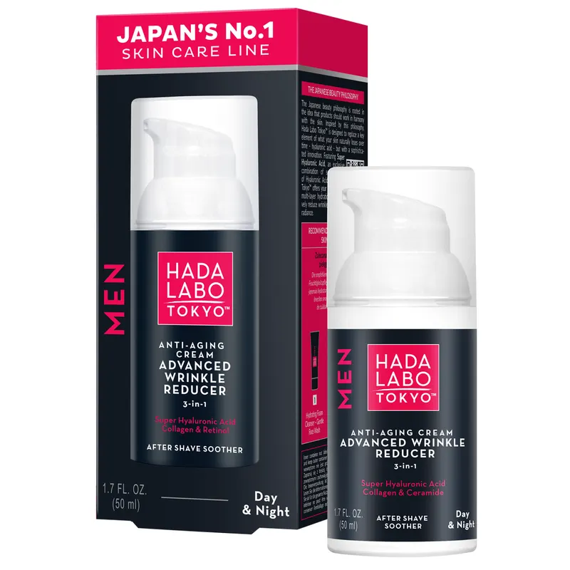 Hada Labo Tokyo Men przeciwzmarszczkowo-nawilżający krem na dzień i noc dla mężczyzn z 4 formami kwasu hialuronowego, kolagenem i retinolem 50 ml