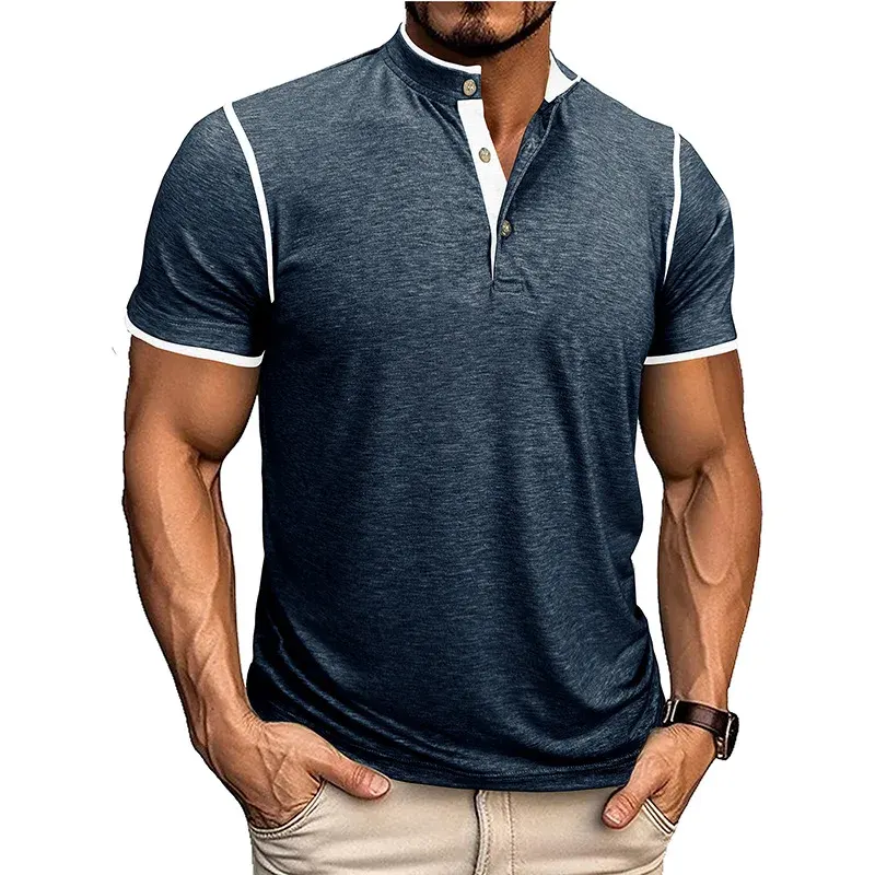 Men's Round Stand Collar Open Top Short Sleeved Double Layered Spliced Top Color Blocked Spliced T-shirt