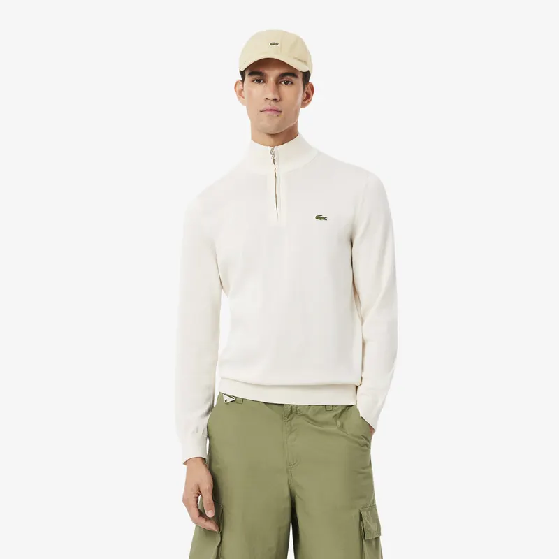Lacoste Bawełniany Sweter Z Wysokim Kołnierzem I Zamkiem Kremowy Męskie Biały