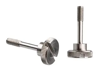 Pokrętło radełkowane z nacięciem na śrubokręt płaski, gwint niepełny 10mm z podtoczeniem D-15mm M4 x 22/10mm, INOX