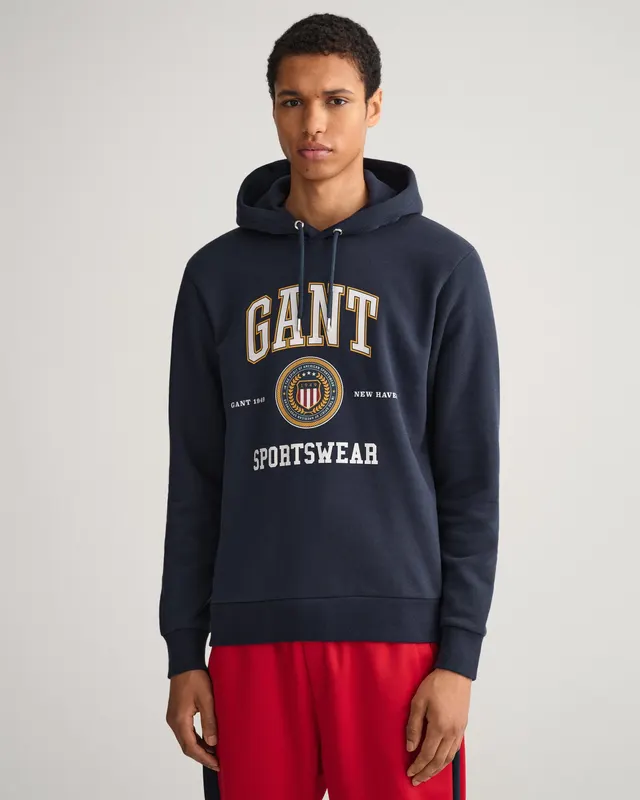 Gant Bluza Męska Z Kapturem Z Nadrukiem Relaxed Fit Granatowa