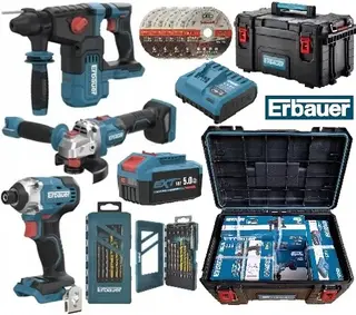 ERBAUER G2, ZESTAW 17w1, MŁOTOWIERTARKA SDS+, ZAKRĘTARKA, SZLIFIERKA KĄTOWA, BATERIA 5Ah, KUFER, KOMPLET UDAROWY
