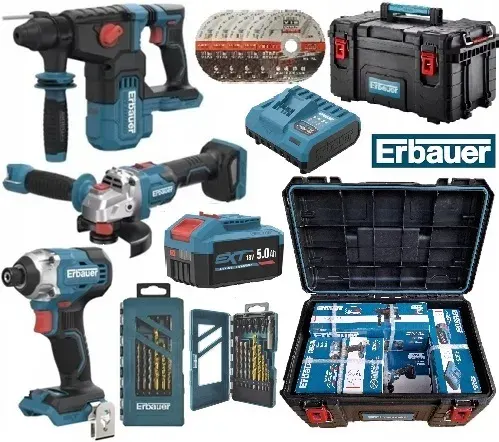 ERBAUER G2, ZESTAW 17w1, MŁOTOWIERTARKA SDS+, ZAKRĘTARKA, SZLIFIERKA KĄTOWA, BATERIA 5Ah, KUFER, KOMPLET UDAROWY