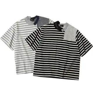 22SS KOLOR Abe Run Double Color Men T Stripe Splicing Irregular Cut Round Neck Short Sleeve T-shirt
