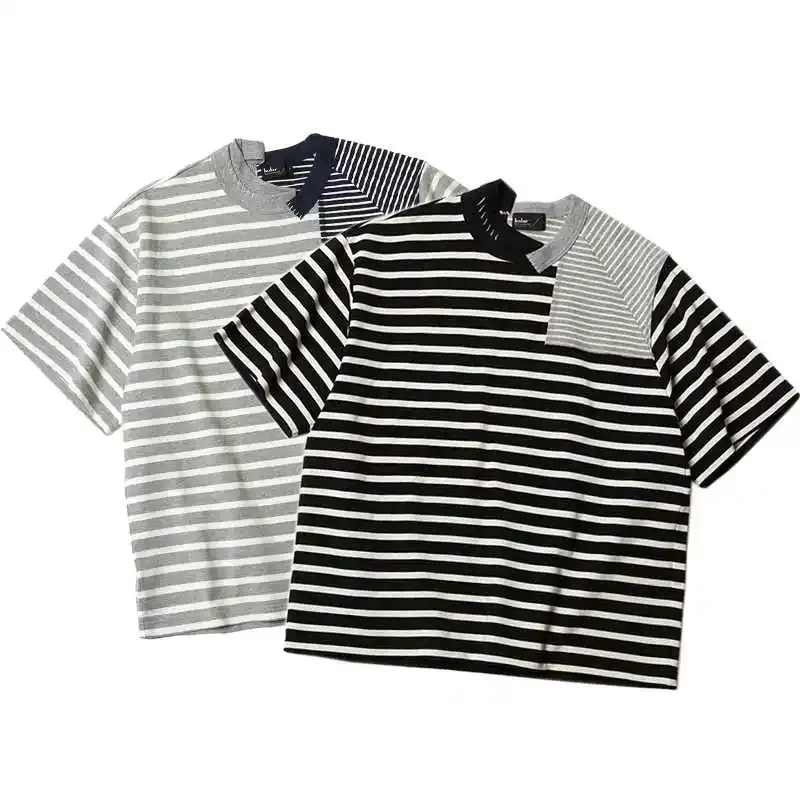 22SS KOLOR Abe Run Double Color Men T Stripe Splicing Irregular Cut Round Neck Short Sleeve T-shirt