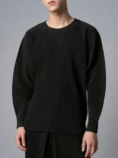 Miyake Pleated Men Long Sleeve Plain Slit Hem T-shirt Full Sleeve Round Collar T Shirt Korean Streetwear Casual Top