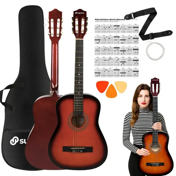 GITARA KLASYCZNA 4/4 DO NAUKI GRY SUNBURST + POKROWIEC KOSTKI PASEK STRUN