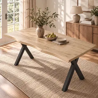 Stół jadalny 160 × 78 × 77 cm, dla 4–6 osób, blat o falistym kształcie, pogrubiony blat, styl minimalistyczny, żelazne nogi w kształcie X, kolor dre..
