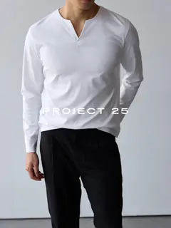 PROJECT 25 Men 80S Long Staple Cotton V‑Neck Long Sleeve Tee Soft Smooth Elastic Anti‑Wrinkle Fitted Casual Base T‑Shirt