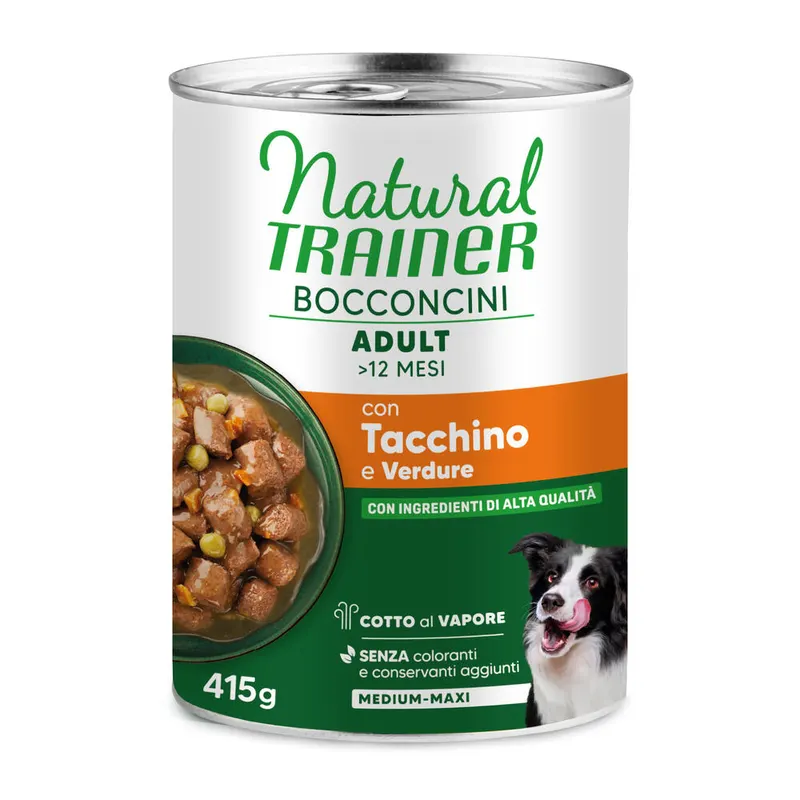9 + 3 gratis! Natural Trainer, karma mokra, 12 x 400 g / 415 g - Bocconcini Adult Medium i Maxi Chunks, indyk, 12 x 415 g