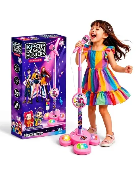 Mikrofon dziecięcy na statywie Łowczynie K-Pop Demon Hunters studio karaoke scena efekty świetlne LED mp3 110 cm Rumi Mira Zoey Kpop