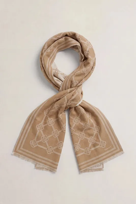 Gant Wełniany Szalik Damski Z Monogramem Żakardowy Beżowa