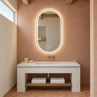 Lustro łazienkowe LED 60 × 90 cm, bezramowe z satynowym pasem świetlnym i tylnym podświetleniem LED, ściemnialne, z funkcją przeciwmgielną