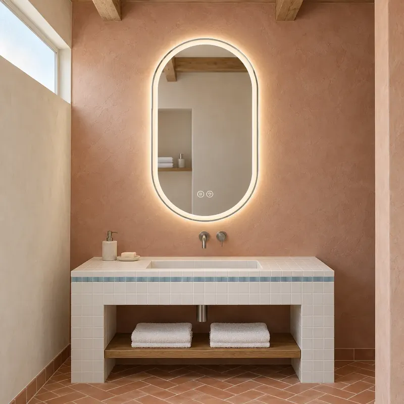 Lustro łazienkowe LED 60 × 90 cm, bezramowe z satynowym pasem świetlnym i tylnym podświetleniem LED, ściemnialne, z funkcją przeciwmgielną