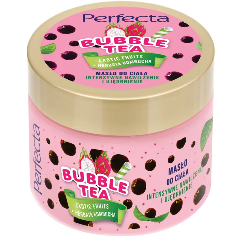 Perfecta Bubble Tea masło do ciała Exotic Fruits z kombuchą, wyciągiem z jagód goji, masłem shea i witaminowymi kuleczkami 300 ml