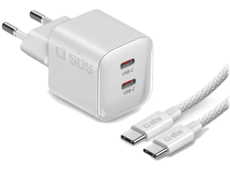 Zestaw ładujący (ładowarka sieciowa + kabel) SBS 60W GaN PD 2x USB-C kabel 1.5m Biały
