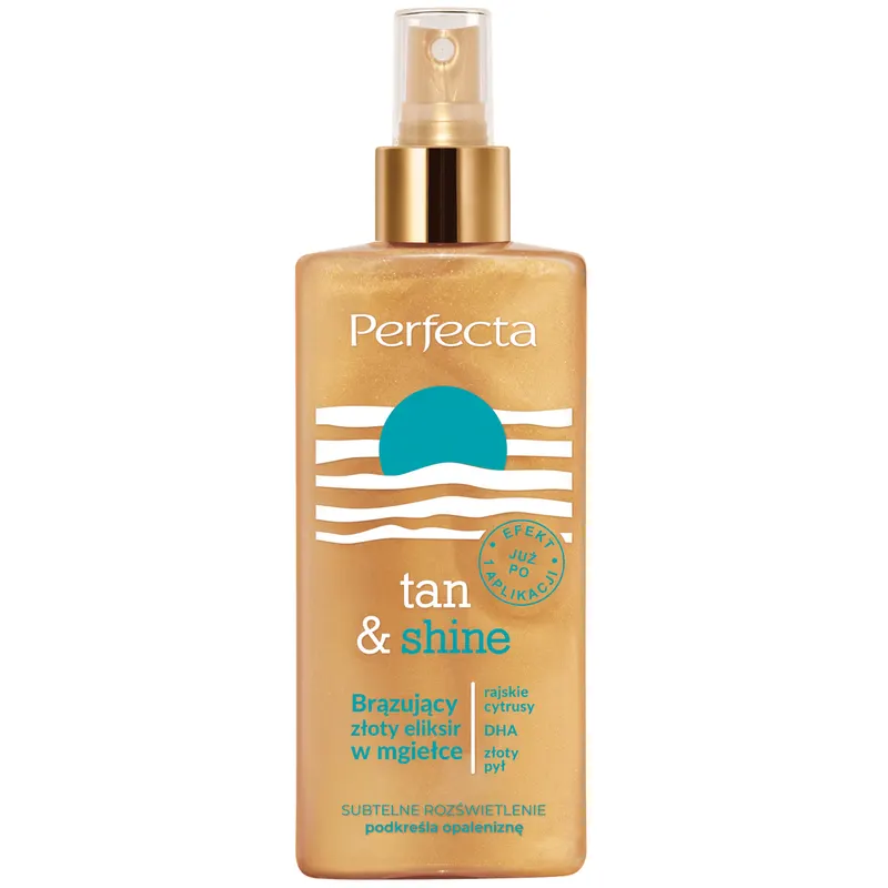 Perfecta Tan&Shine brązująco-rozświetlająca mgiełka do ciała z DHA Bronze Power, złotym pyłem, betainą i rajskimi owocami 150 ml