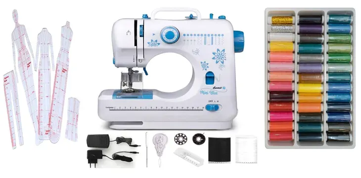 MASZYNA DO SZYCIA ŁUCZNIK MINI BLUE + OSŁONA PALCÓW 12 PROGRAMÓW PREZENT