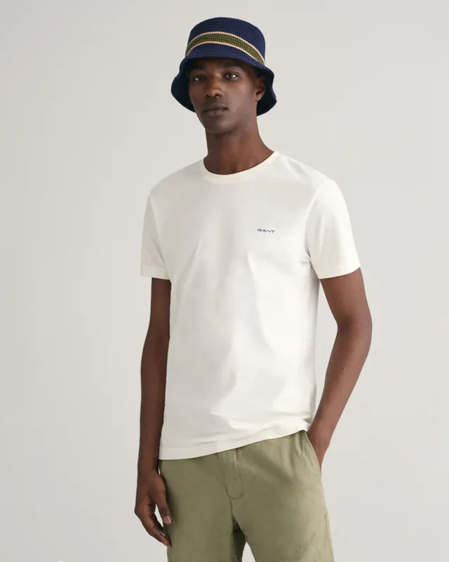 Gant T-Shirt Męski Z Okrągłym Kołnierzykiem Slim Fit Kremowy