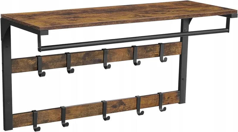 Regał ścienny Z PÓŁKĄ DUŻY wieszak 10 HACZYKÓW 30 x 80 x 42 vintage LOFT