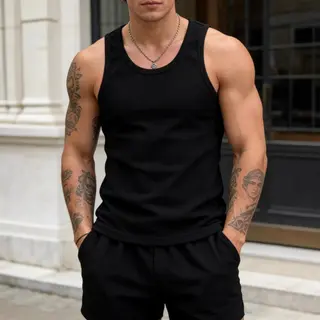 American Retro 230g Tight Fitting Solid Color Waffle Vest for Men, Elastic Sleeveless Camisole Sports Vest, Breathable Vest