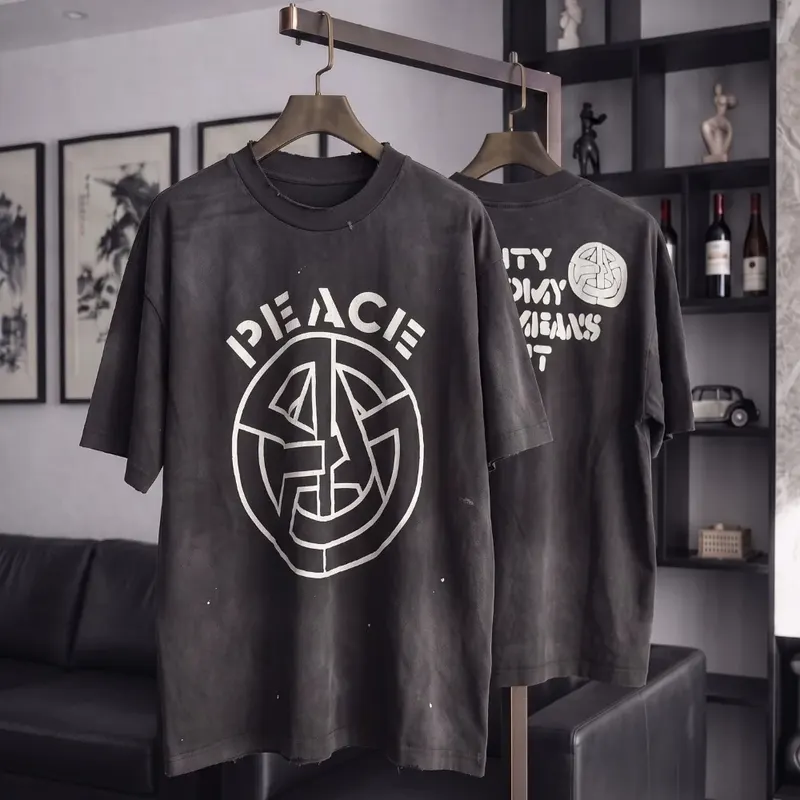 Yao Fashion New Vintage Washed Retro Loose Peace Letter Saint Cotton Tee American Style Streetwear Print Tops T-shrit for Men