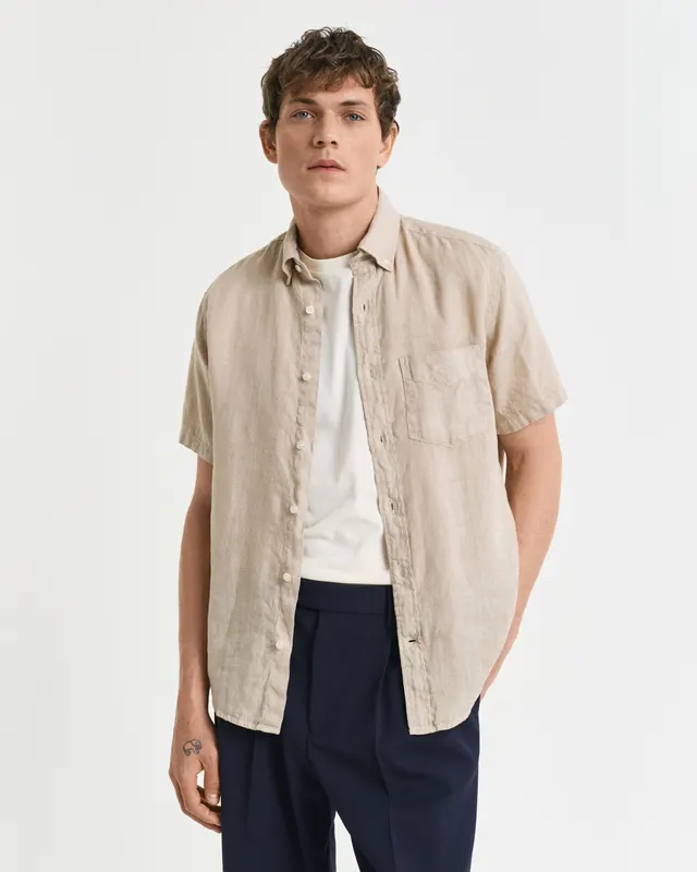 Gant Koszula Męska Z Krótkim Rękawem Regular Fit Beżowa