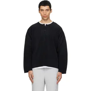 Miyake Pleated Men's Henley Neck Long Sleeve T Shirt Japanese Style Plisse Casual Top Loose Fit Minimalist Streetwear Fashion