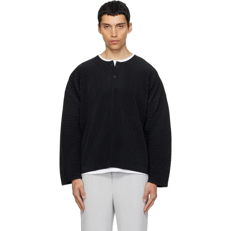 Miyake Pleated Men's Henley Neck Long Sleeve T Shirt Japanese Style Plisse Casual Top Loose Fit Minimalist Streetwear Fashion