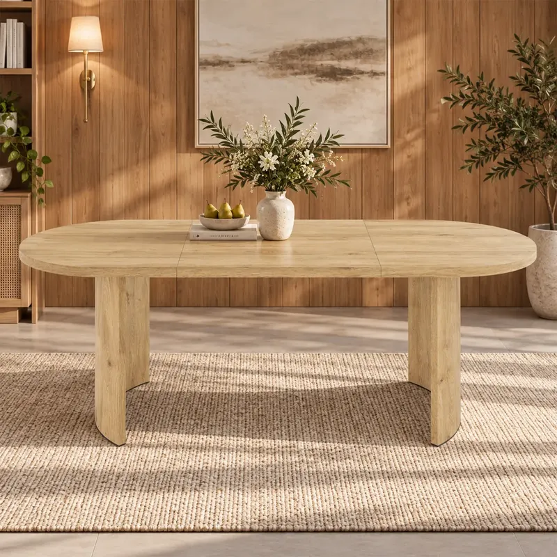 Stół jadalny 200 × 90 cm, dla 6–8 osób, stół jadalny z zaokrąglonymi rogami, pogrubiony blat, zakrzywione nogi stołu, prosty styl, kolor dębowy