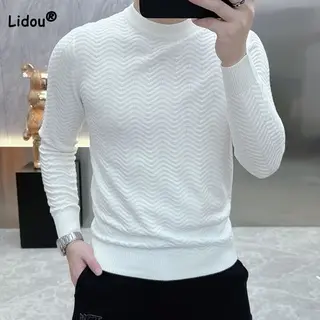 Men's Slim All-match Solid Color Long Sleeve Knitted T-shirt 2023 Casual Fashion Trend Half High Collar Sweaters Male Clothes