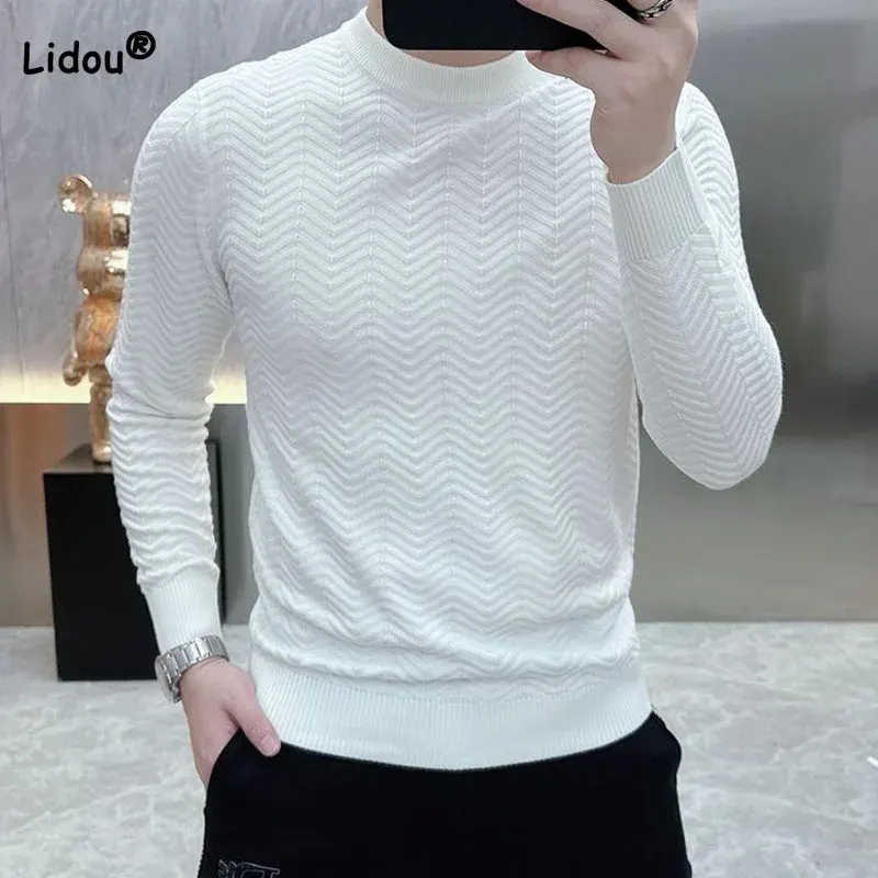 Men's Slim All-match Solid Color Long Sleeve Knitted T-shirt 2023 Casual Fashion Trend Half High Collar Sweaters Male Clothes
