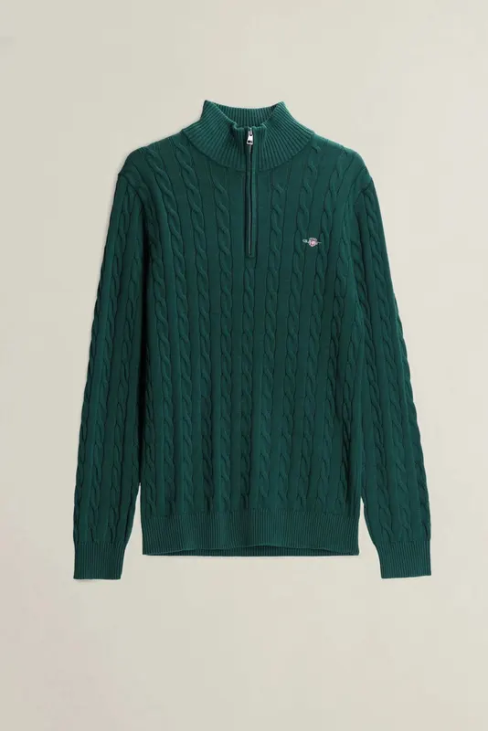 Gant Bawełniany Sweter Męski W Warkocze Half Zip Zielony