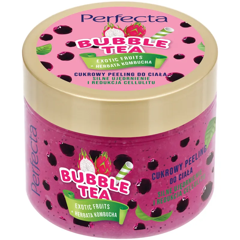 Perfecta Bubble Tea cukrowy peeling do ciała Exotic Fruits z kombuchą, wyciągiem z jagód goji i kryształkami cukru 300 g