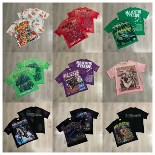 MAJESTIK Retro Graffiti Print Summer Streetwear Washed and Weathered Casual Loose-Fitting Short-Sleeved T-Shirt