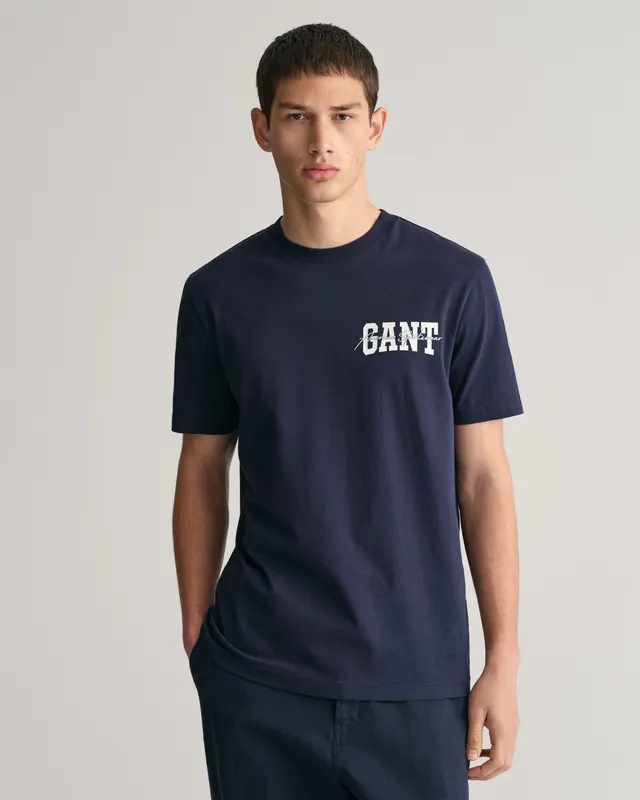 Gant Bawełniany T-Shirt Męski Z Nadrukiem Regular Fit Granatowy