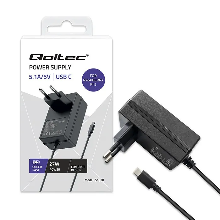 Qoltec Ładowarka Super FAST PD for Raspberry PI 5 | USB-C | 27W | 5-12V | 1.8-5A | Czarna